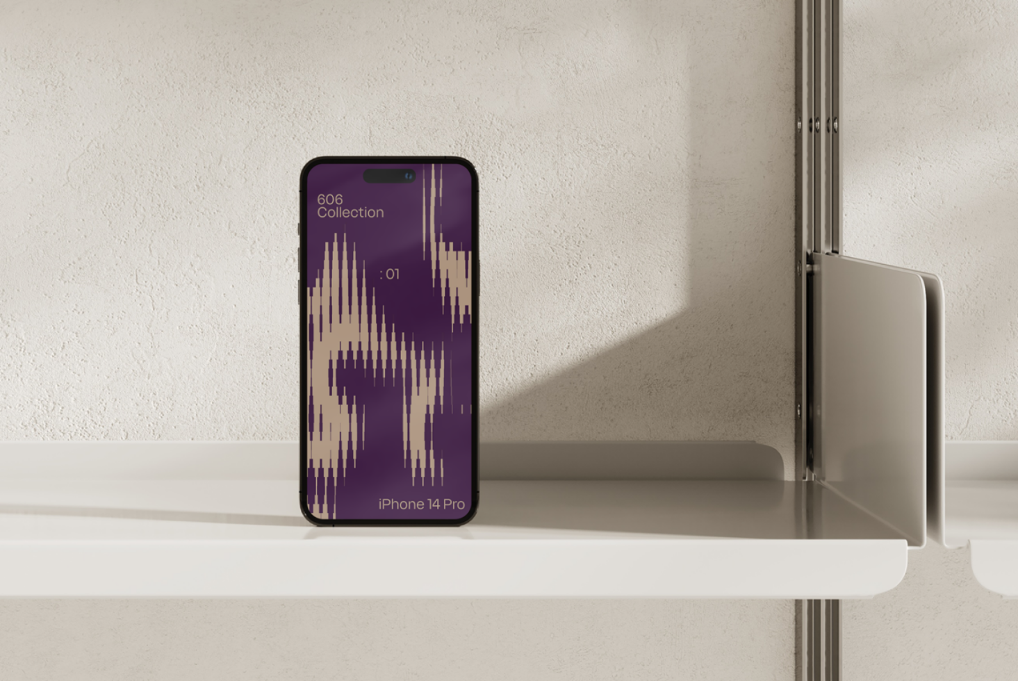 iPhone 14 Pro mockup with abstract purple and beige pattern on screen displayed on a minimalist shelf ideal for designers seeking stylish phone presentation