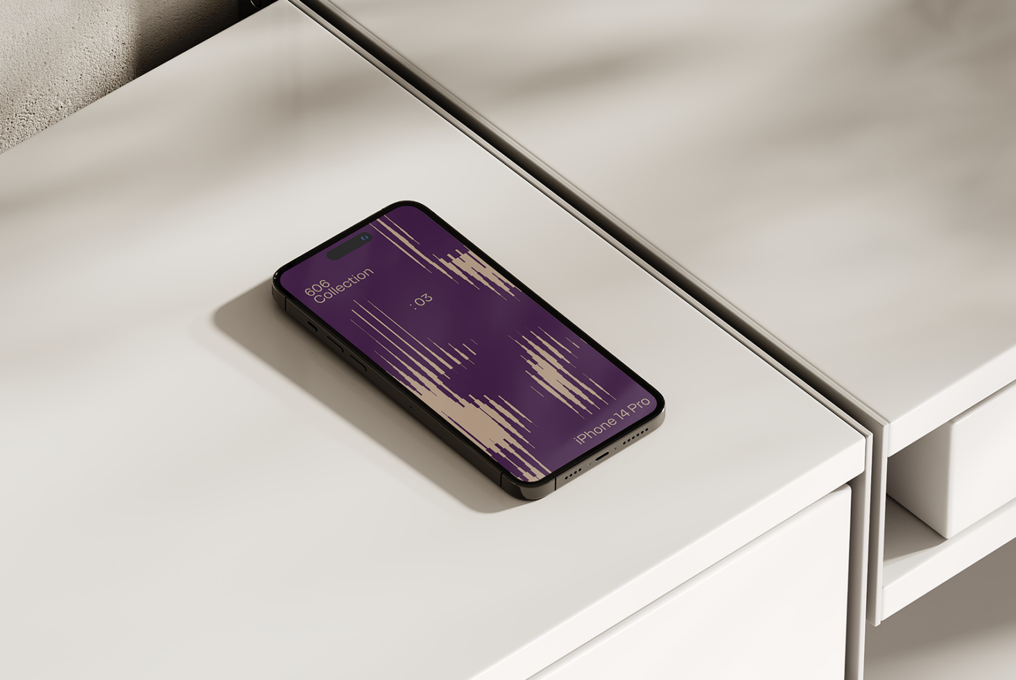 iPhone 14 Pro mockup on a white table with minimalist purple wallpaper design. Ideal for designers seeking tech device graphics and modern digital assets.