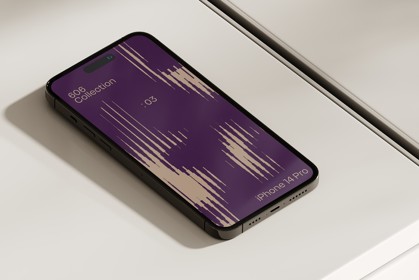 iPhone 14 Pro mockup on beige surface showcasing modern abstract wallpaper design in purple and beige suitable for digital graphics and templates.