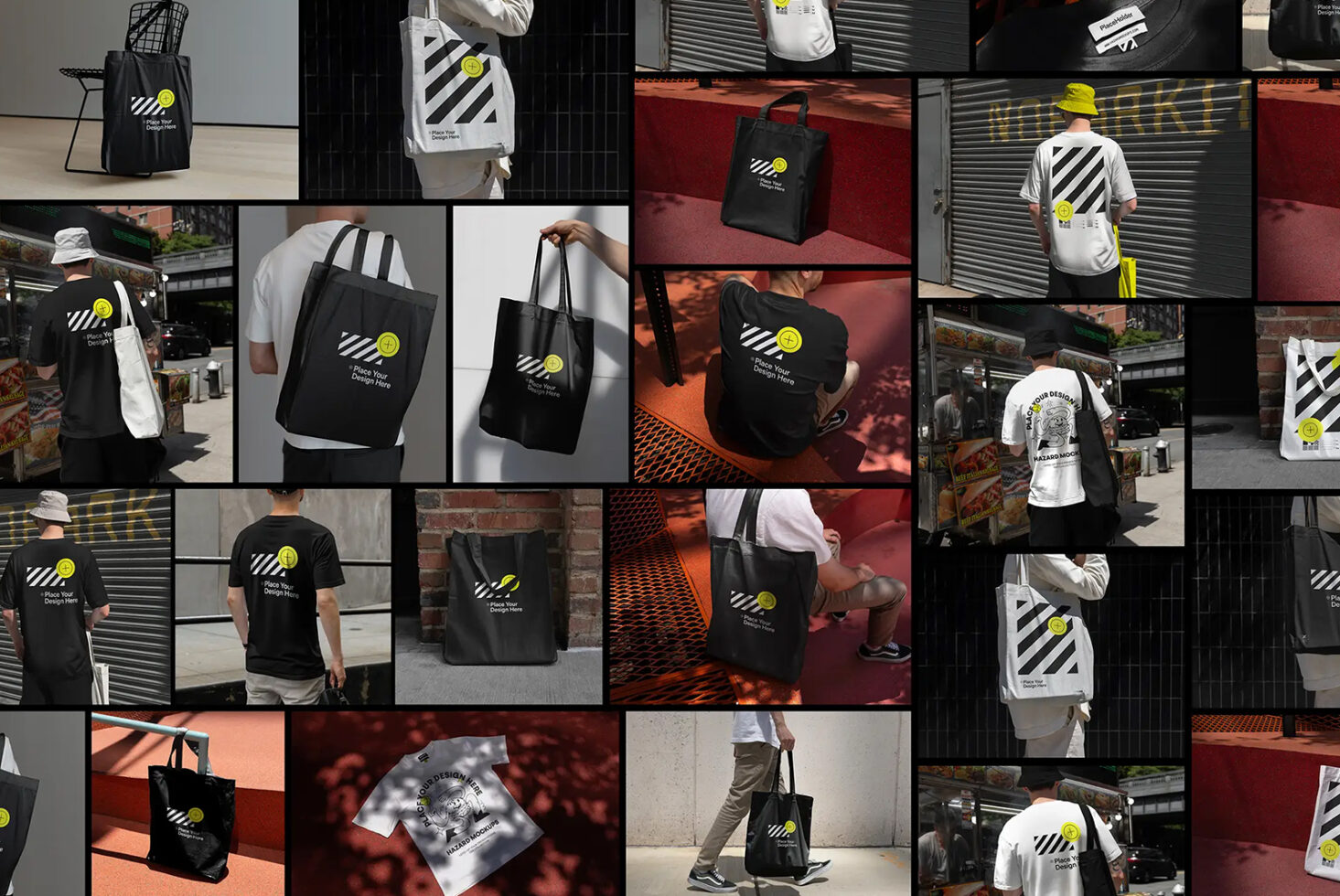 Collage of tote bag and t-shirt mockups for streetwear designs featuring black and white graphics ideal for designers seeking modern customizable templates.