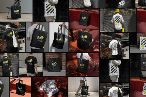 Collage of tote bags and T-shirts mockups showcasing customizable designs in urban settings, perfect for designers seeking creative assets and templates.