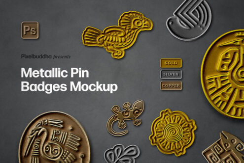 Metallic pin badges mockup featuring gold, silver, copper colors on a gray background. Ideal for designers creating badge, logo, or emblem graphics.