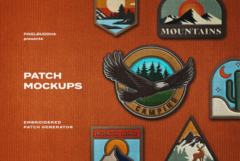 Embroidered patch mockups featuring nature motifs like mountains, eagle, and cactus on fabric texture, ideal for graphic designers creating digital assets.