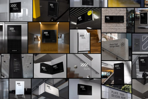 Collage of black and white indoor and outdoor signage mockups on various surfaces for designers Place Your Design Here text prominent in each template