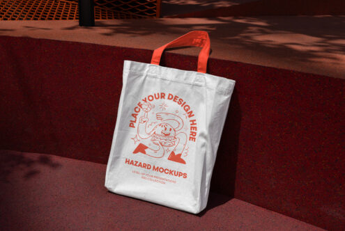 Tote bag mockup on red concrete background perfect for showcasing apparel designs vibrant urban setting keywords mockup design template tote bag display