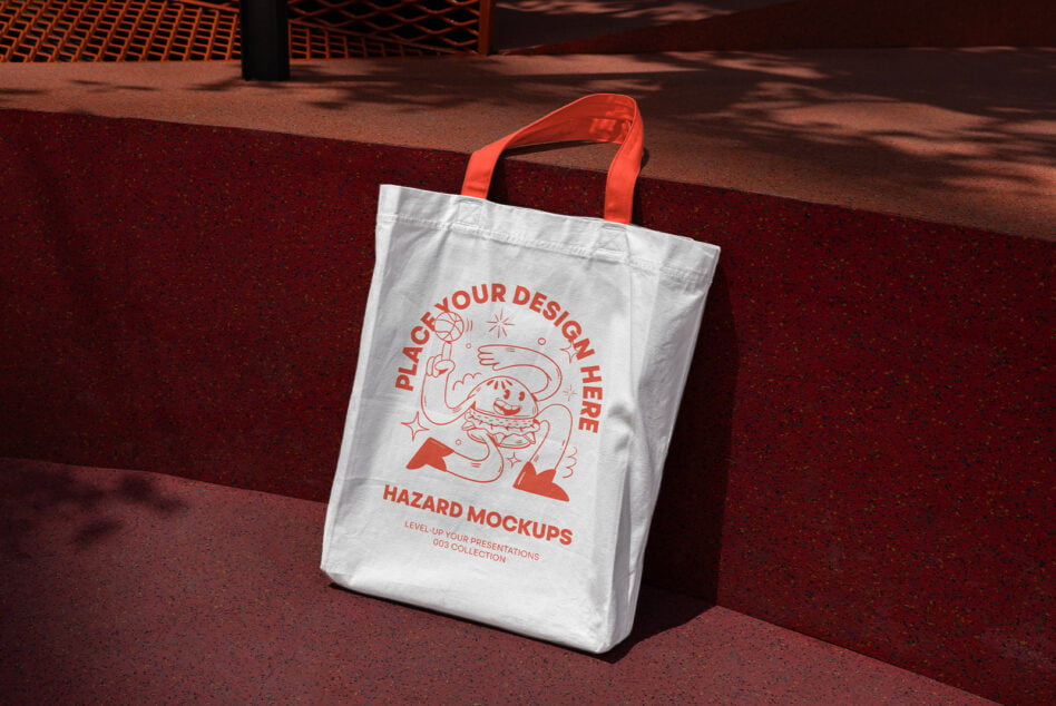 White tote with red monster illustration, place your design here tagline