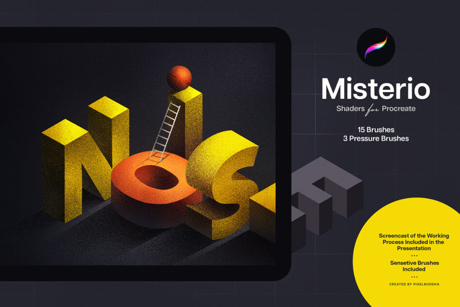 Misterio Procreate brush set with 15 brushes shown on isometric illustration
