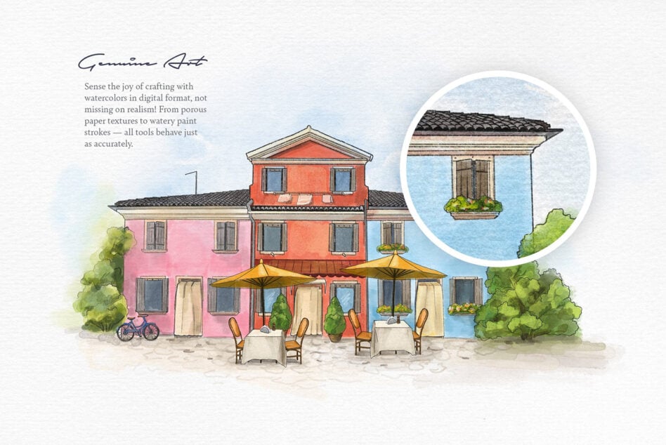 Colorful Italian village buildings watercolor with detail circle inset, umbrellas, greenery