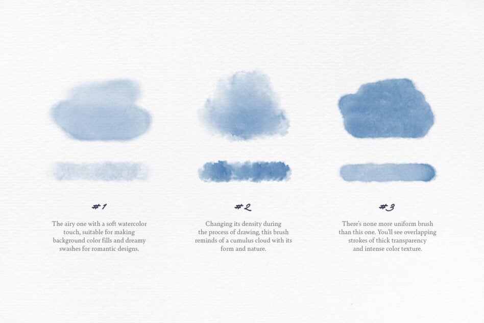 Six blue watercolor strokes displaying soft touch, cloud density, uniform brush texture