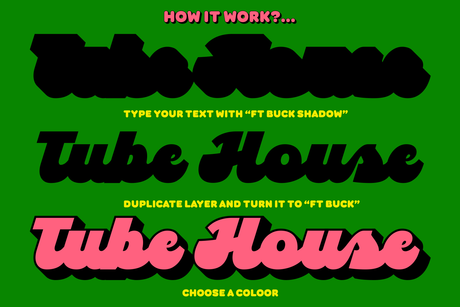Bold typography design tutorial on green background using FT Buck font with shadow effect. Ideal for creating graphic templates and text effects.
