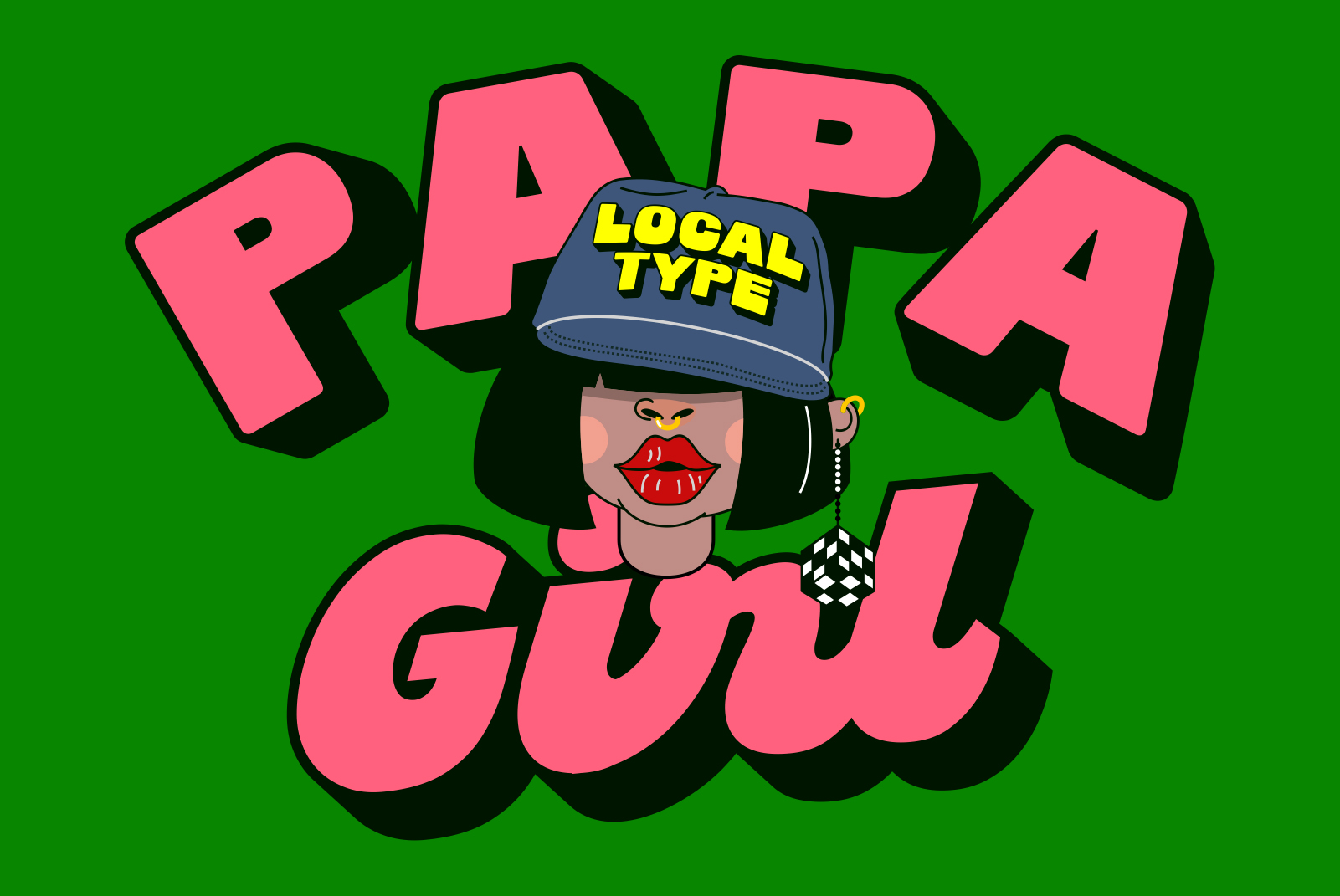 Bold pink graffiti text Papa Girl with a cartoon woman in a cap labeled Local Type, set on a vibrant green background. Perfect for graphic design projects.