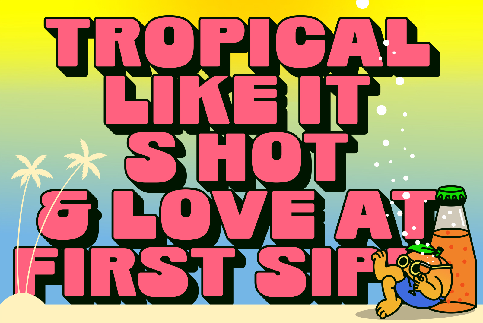 Bold text reads Tropical Like It's Hot Love at First Sip in vibrant colors with palm trees and a cartoon character. Perfect for graphic design mockups.