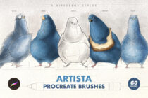 Five chubby pigeon designs showing hatch, spray, sketch, texture, pencil styles