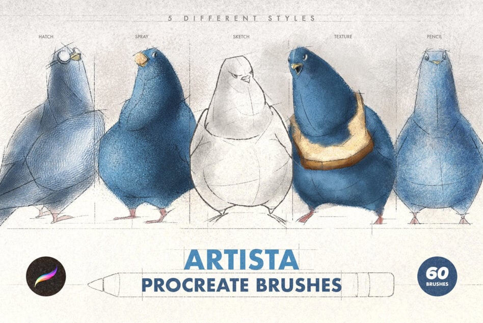 Artista Procreate Brushes for designers featuring five blue bird sketches in different styles. Digital assets for Mockups, Graphics, and Templates.