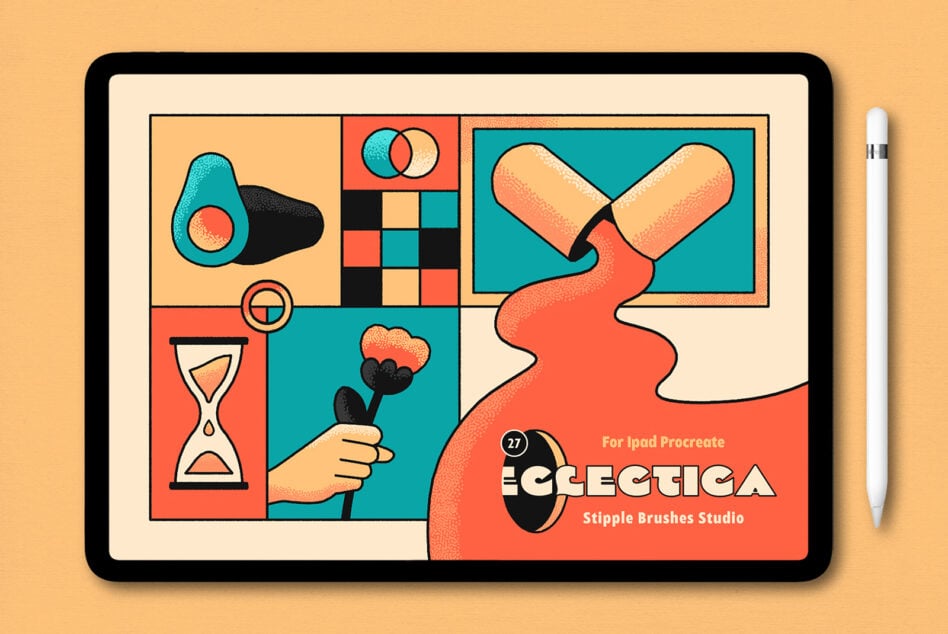 Colorful retro iPad Procreate brush set mockup with avocado, pills, hourglass designs