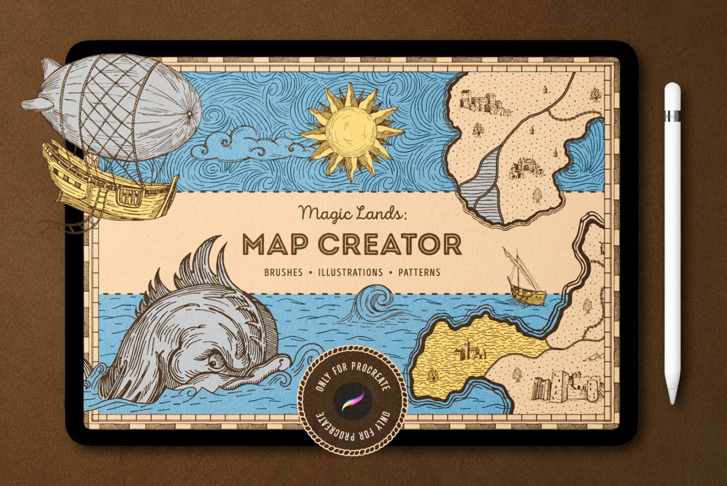 Vintage map creator template for Procreate featuring illustrations, brushes, patterns. Ideal for designers crafting fantasy-themed graphics.