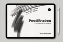 iPad showing pencil brush strokes in grayscale with white stylus beside it