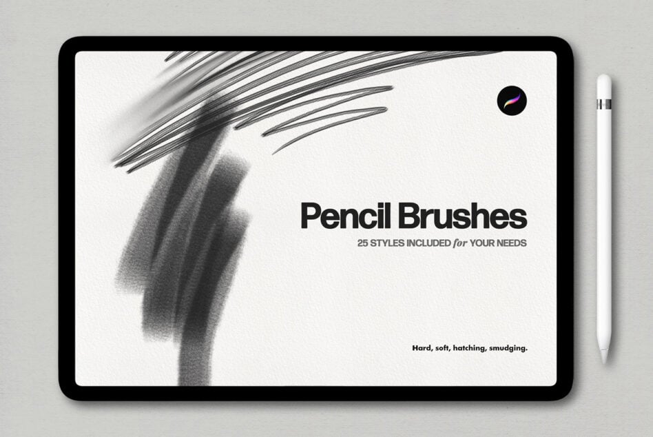 Digital pencil brushes for Procreate on iPad, featuring 25 styles for drawing. Perfect for designers seeking versatile sketching tools. Mockup image.
