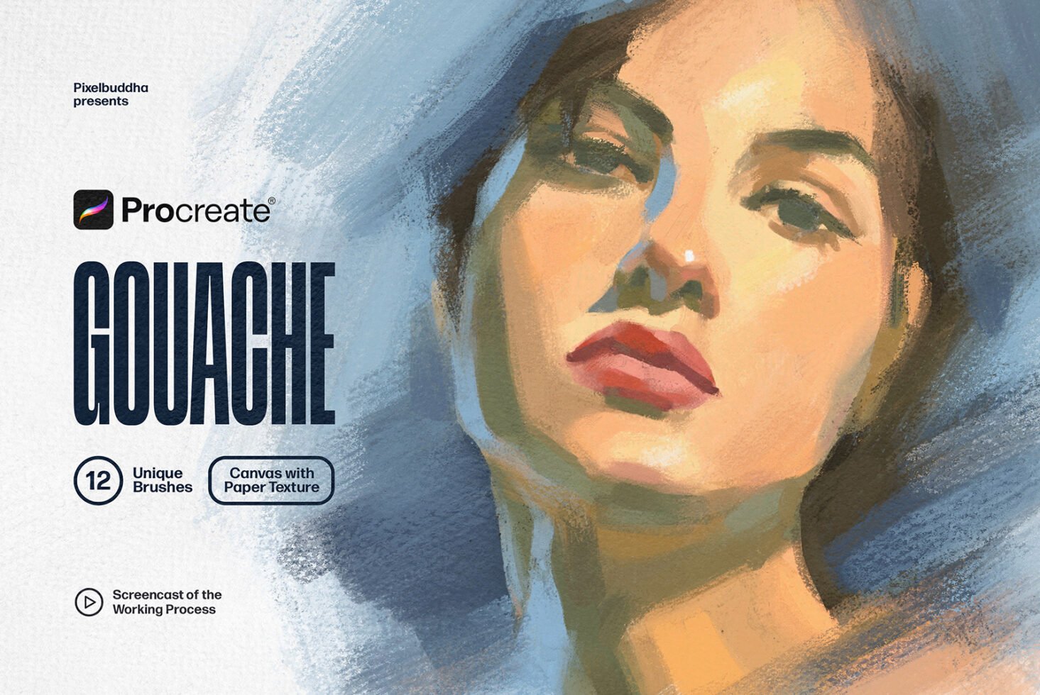 Procreate Gouache digital brushes set featuring a textured portrait painting. Includes 12 unique brushes for realistic canvas paper texture effects.
