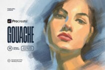 Gouache Procreate brush set cover featuring painted portrait with twelve unique brushes included