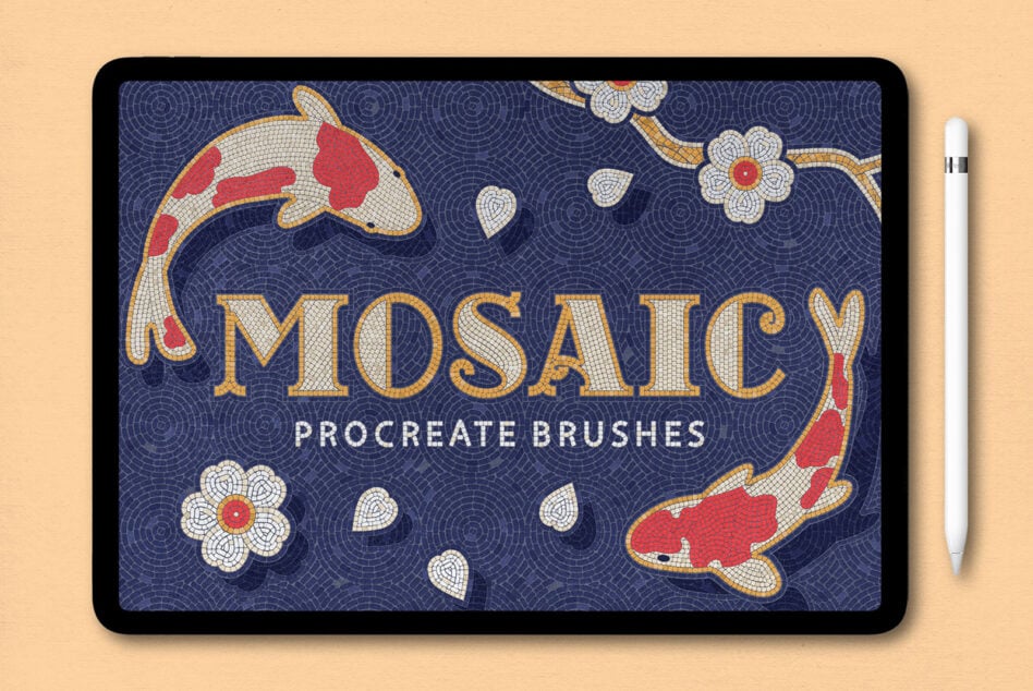 iPad displaying Mosaic Procreate Brushes featuring koi fish and floral design. Ideal for digital artists and designers seeking unique Procreate assets.