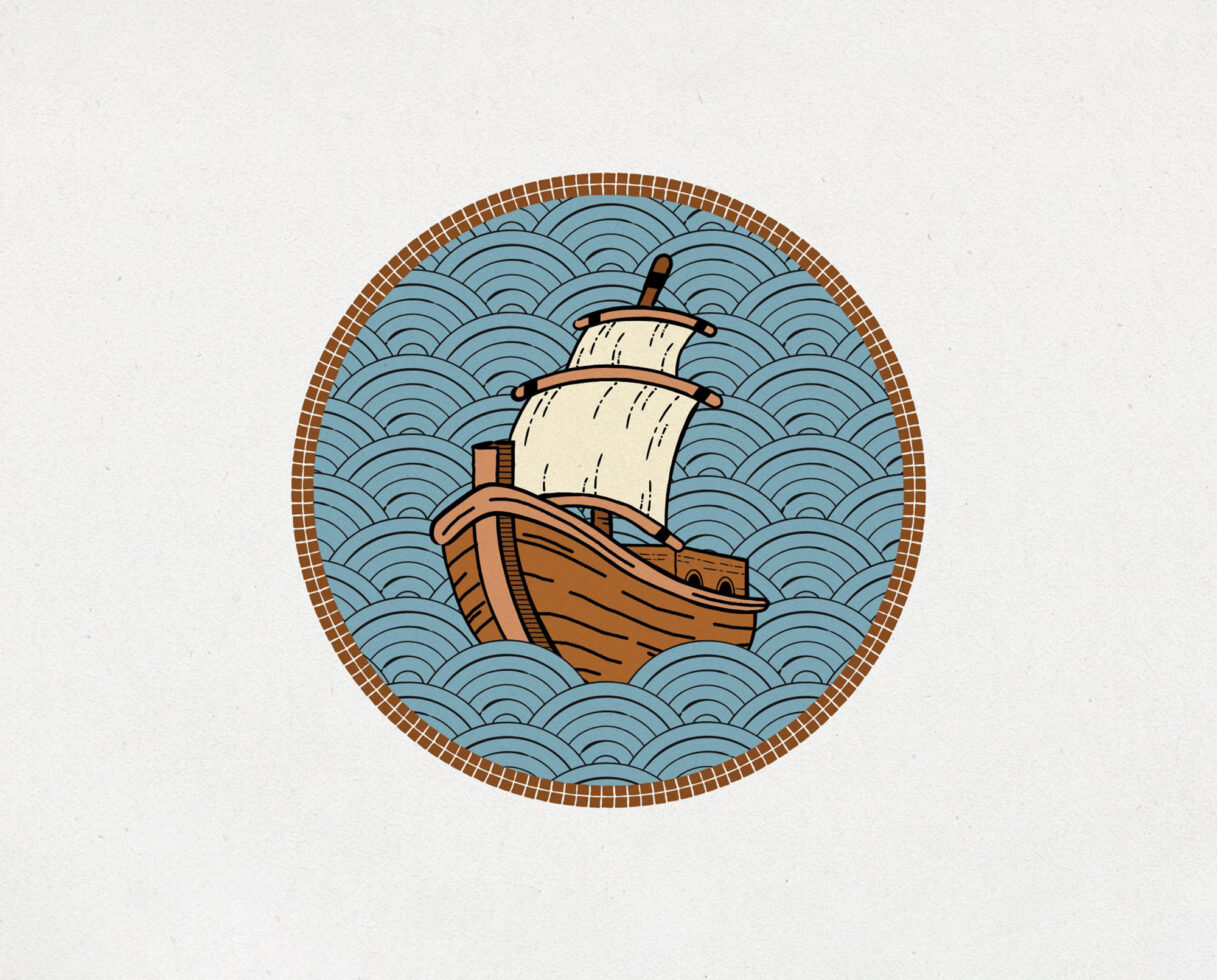 Vintage ship illustration on ocean waves with circular border, perfect for graphic design templates or nautical-themed design projects.