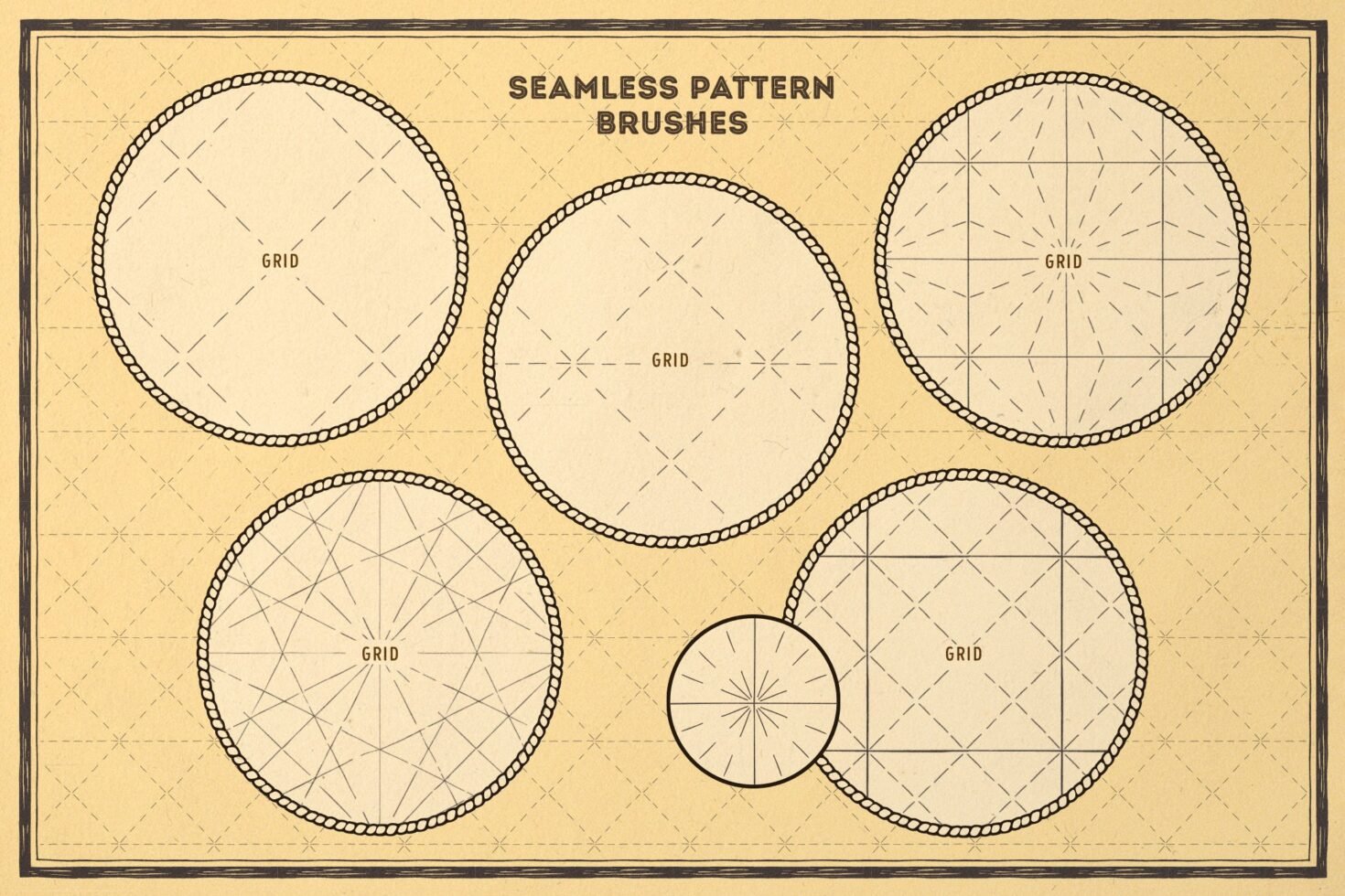 Seamless pattern brushes displayed on a vintage background with grids. Ideal for designers creating digital graphics textures templates illustrations.