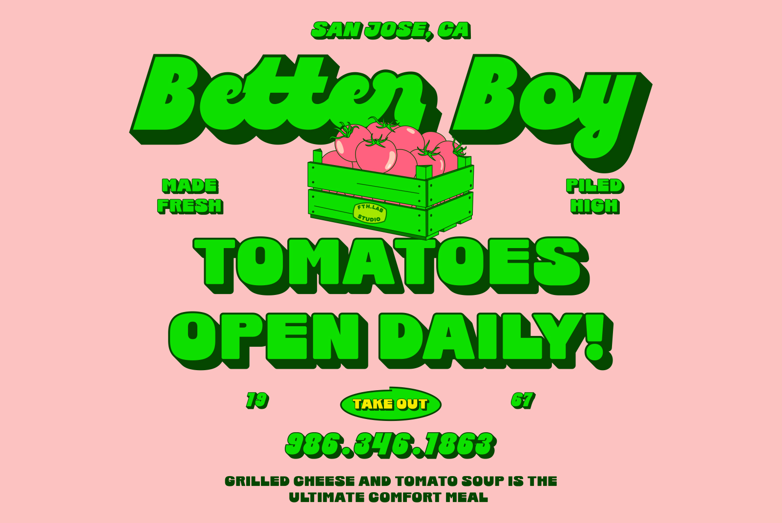 Retro tomato-themed graphic template with bold green typography on a pink background. Perfect for designers creating food and market branding assets.