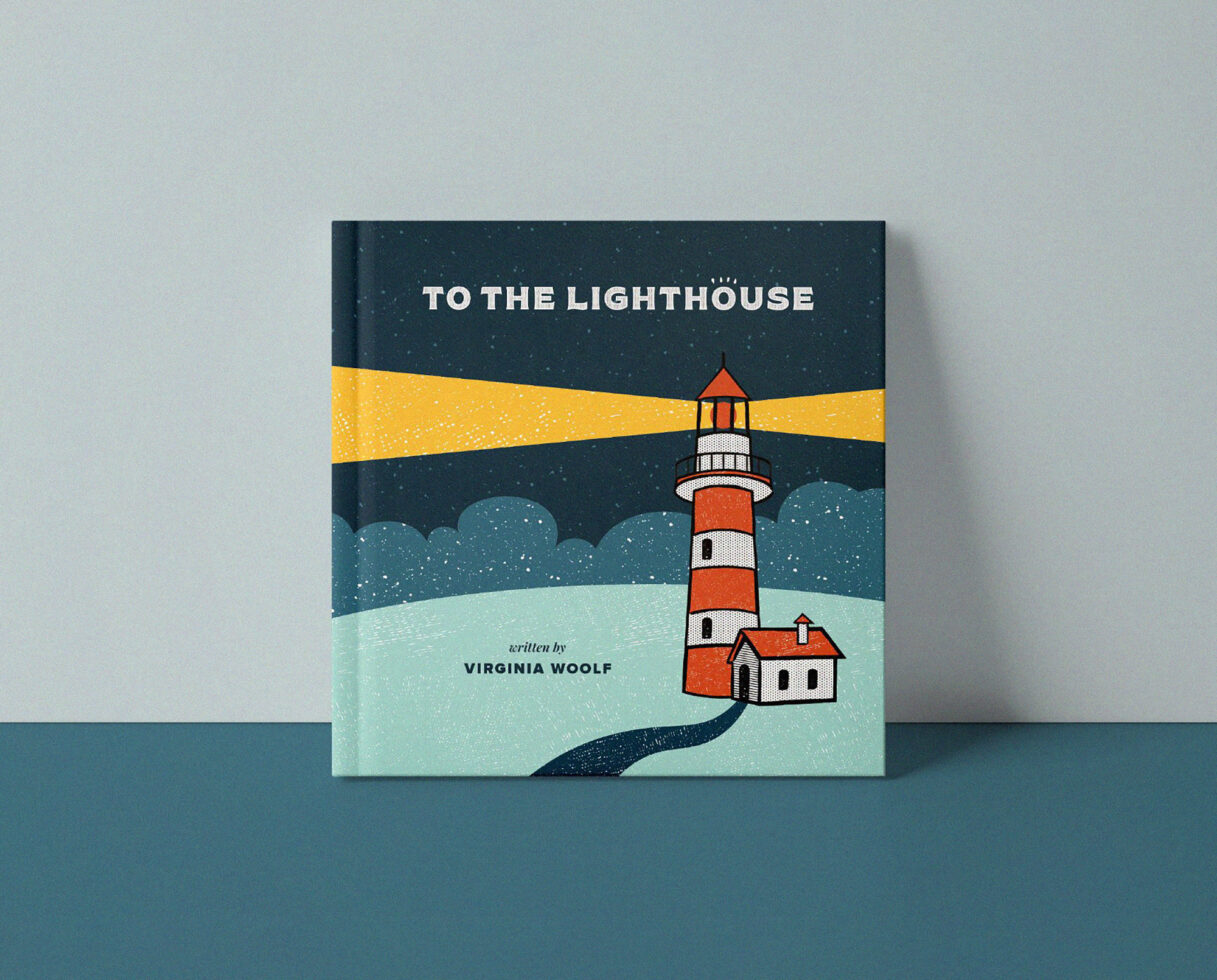 Book cover mockup featuring To the Lighthouse by Virginia Woolf with an illustrated lighthouse design. Suitable for graphic designers and digital assets.