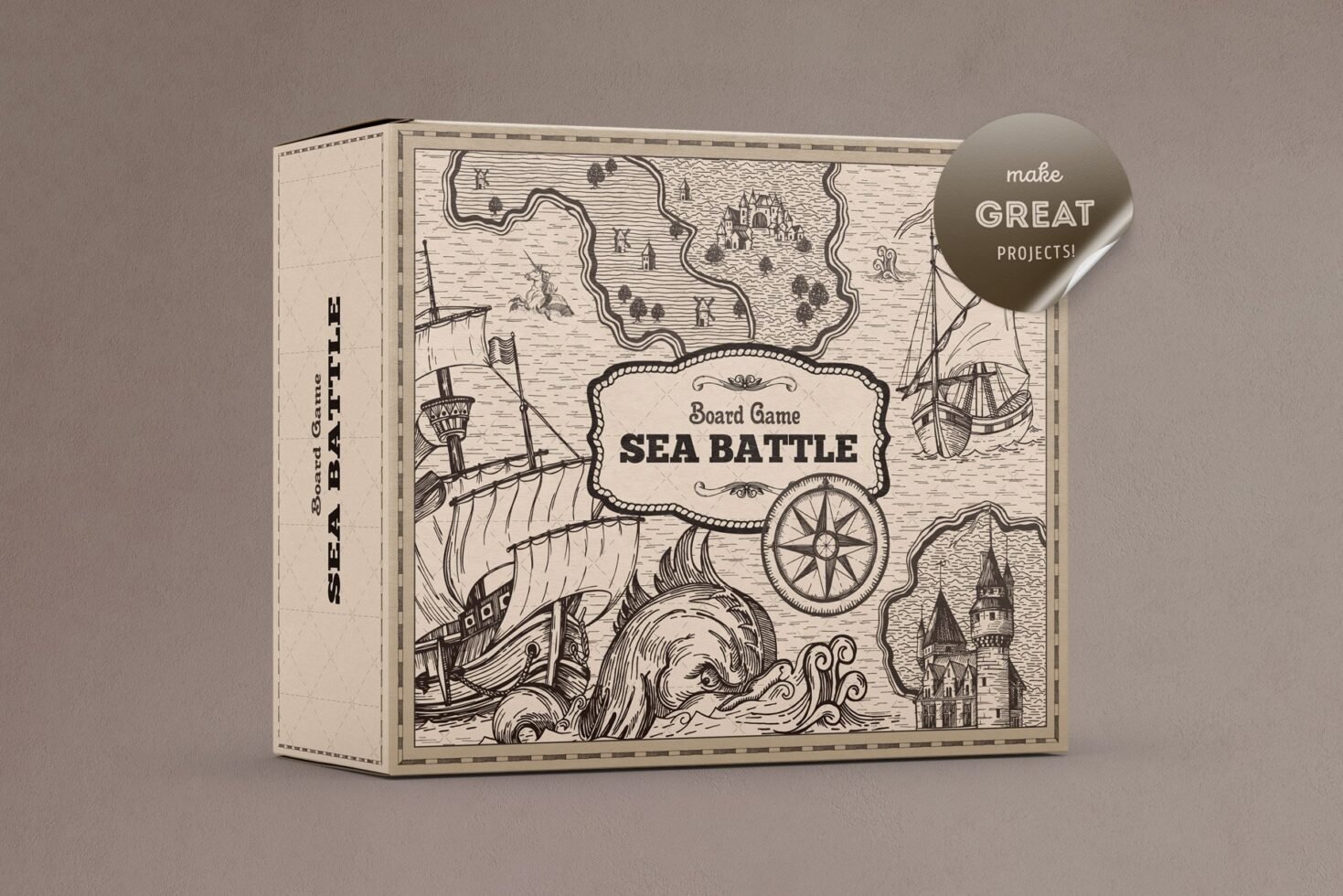 Vintage Sea Battle board game packaging mockup featuring nautical illustrations, compass rose, ships, and sea creatures; perfect for designers seeking templates.