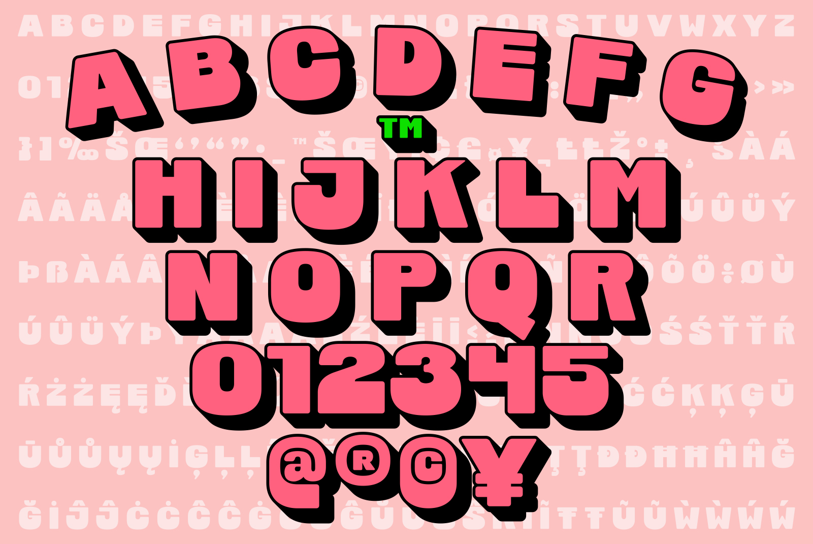 Bold 3D retro font design with shadow effect in pink and black featuring uppercase letters and numbers ideal for graphics templates branding.