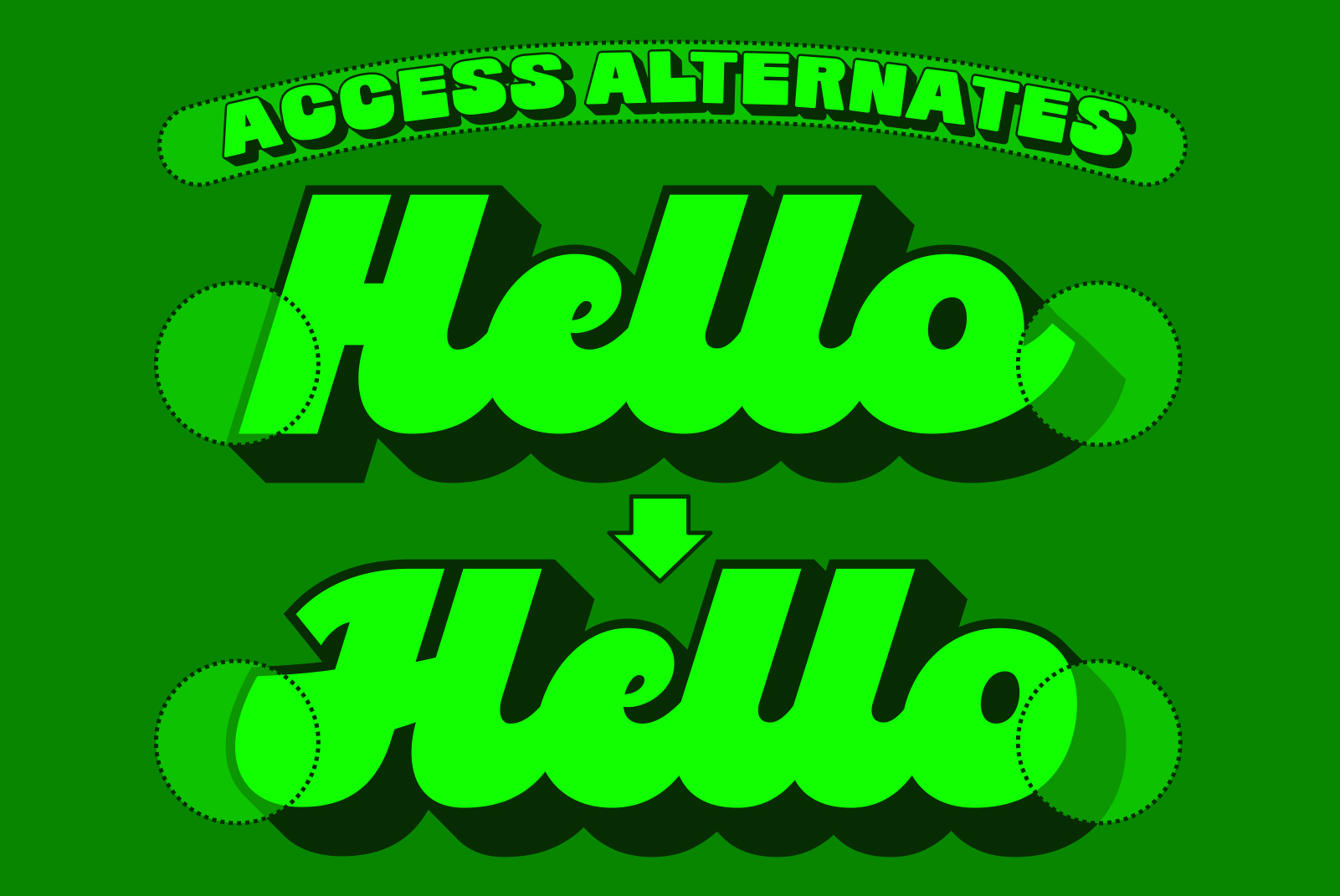 Retro style bold green font with alternates showcased in a vibrant graphic design. Ideal for typography enthusiasts and designers seeking unique fonts.