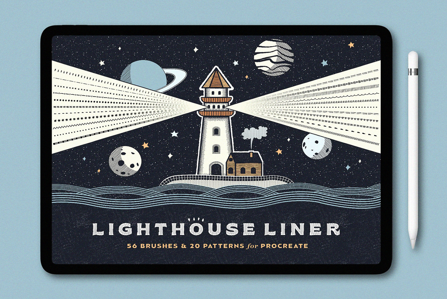 Illustrated poster of a lighthouse with planets on a tablet screen, promoting 56 brushes and 20 patterns for Procreate. Ideal for graphic designers.