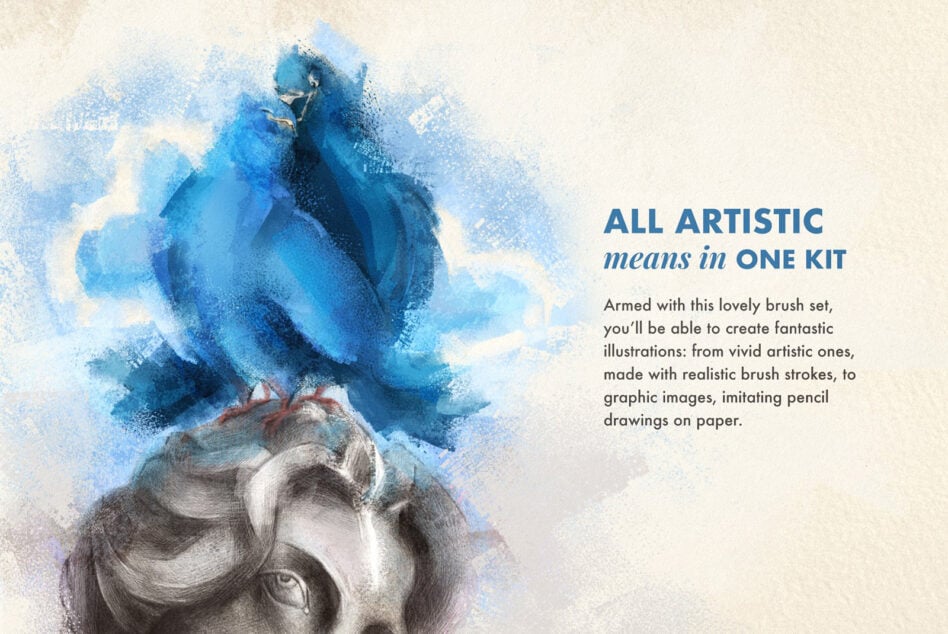 Artistic brush kit promotional image with blue watercolor birds and pencil sketch of a statue's face. Ideal for designers in graphics and illustration.