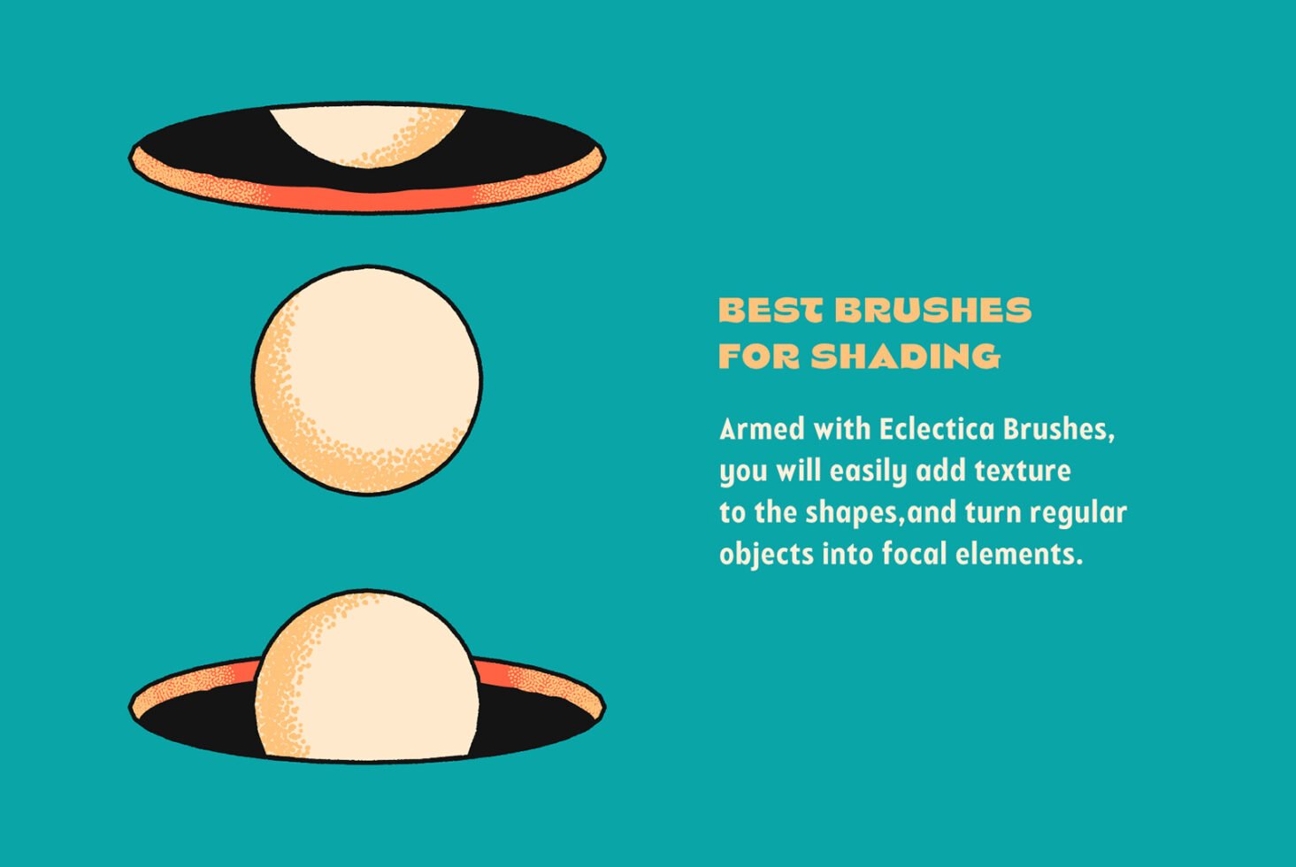 Graphic showcasing shading brushes with textured spheres and bold text on teal background. Ideal for designers seeking unique brush tools for creative projects.