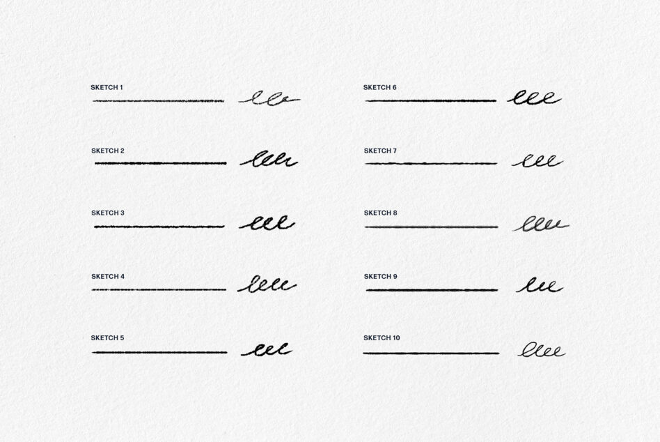 Grid layout showing 10 different handwriting signature sketches labeled one through ten