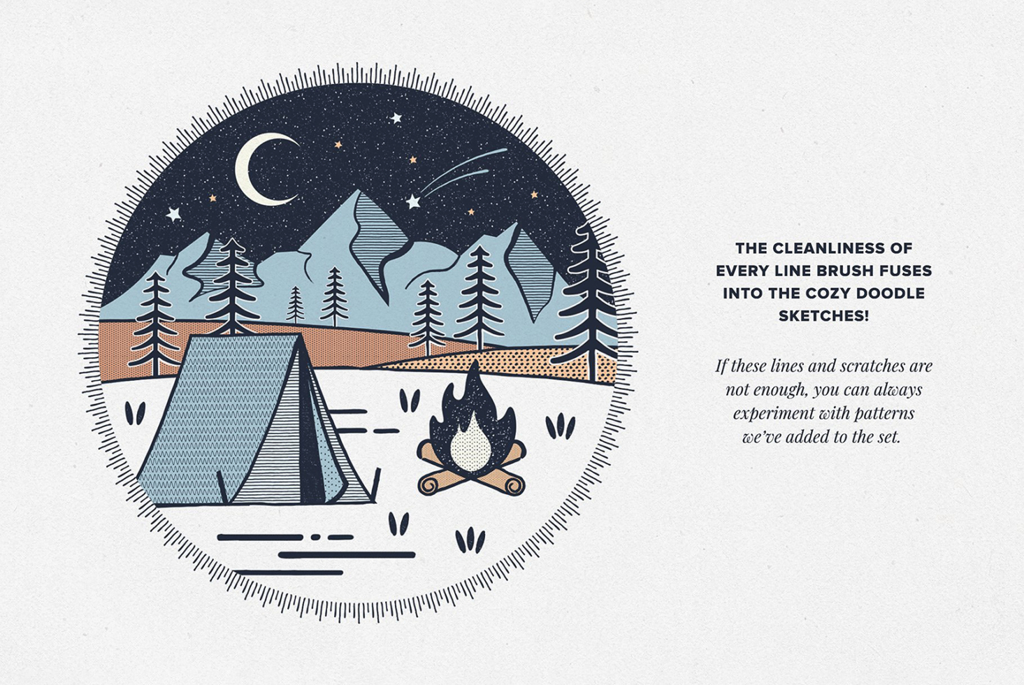 Camping illustration with tent, campfire, mountains, and starry sky. Suitable for graphic design assets, doodle art, and sketch templates.