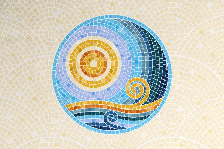 Colorful abstract mosaic design with circular patterns, ideal for graphic templates and designer mockups. Vibrant tiles enhance creative digital assets.