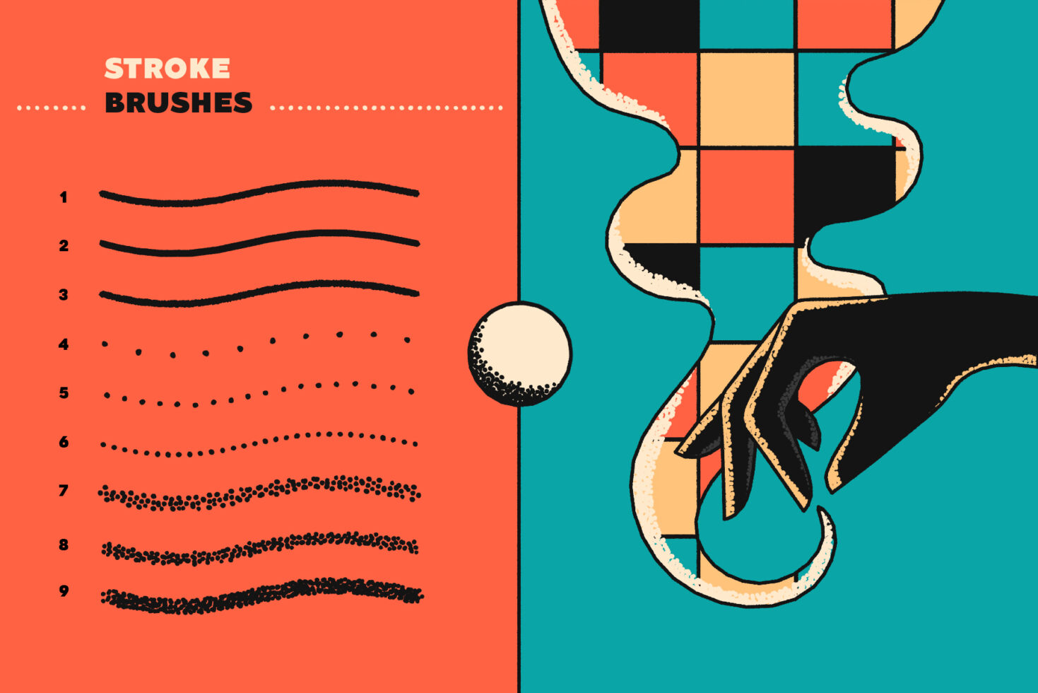 Illustration of nine unique stroke brushes on vibrant background with abstract hand design; ideal for graphic designers and artists seeking creative assets.