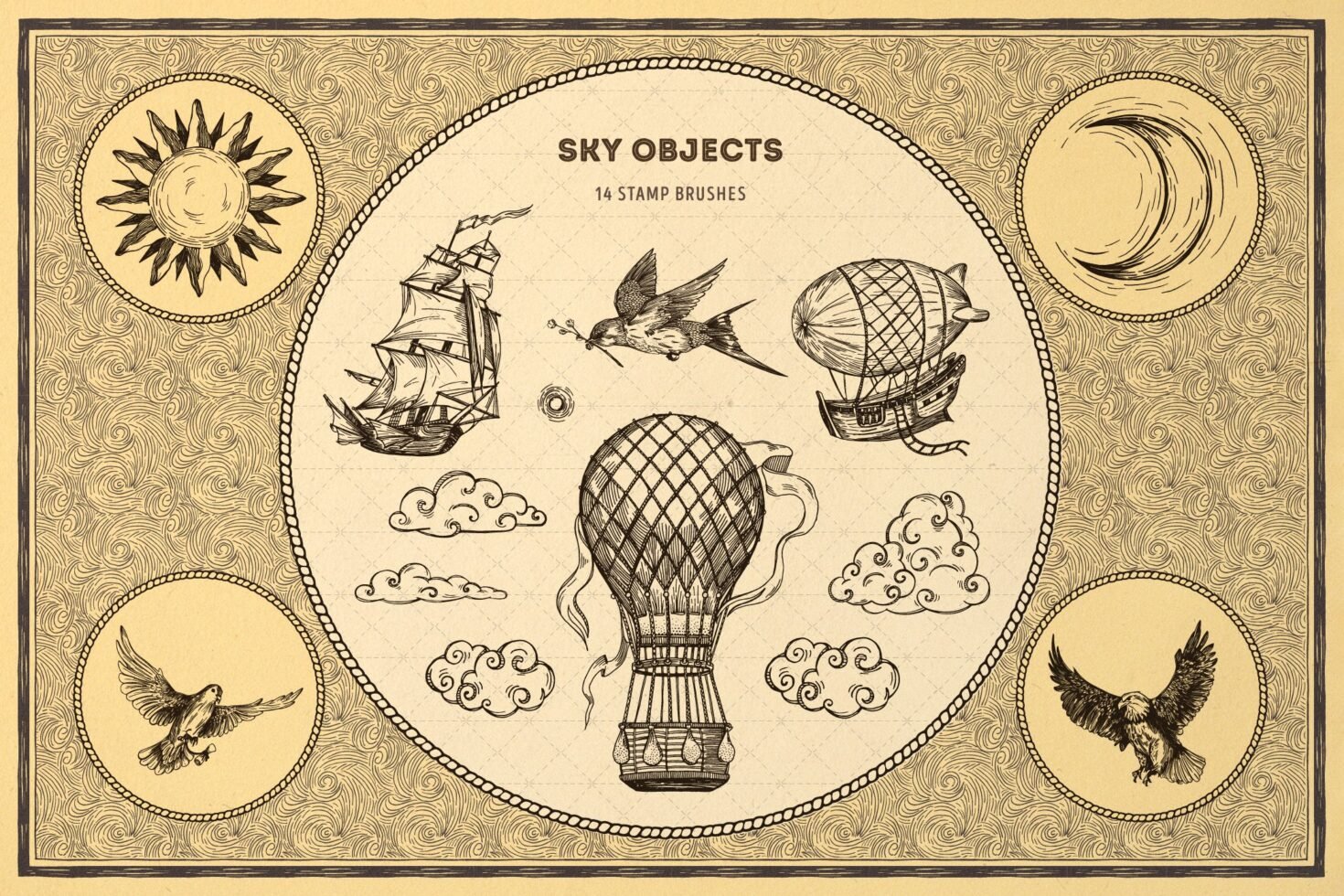Vintage-style sky-themed illustration featuring hot air balloon ship birds and clouds suitable for digital stamp brush designs and graphic templates.