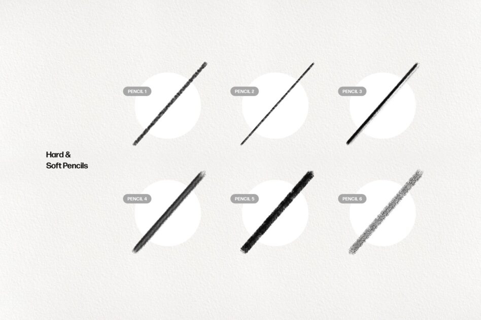Collection of pencil strokes showing texture variations suitable for mockups and design projects. Includes hard and soft pencil samples for designers.