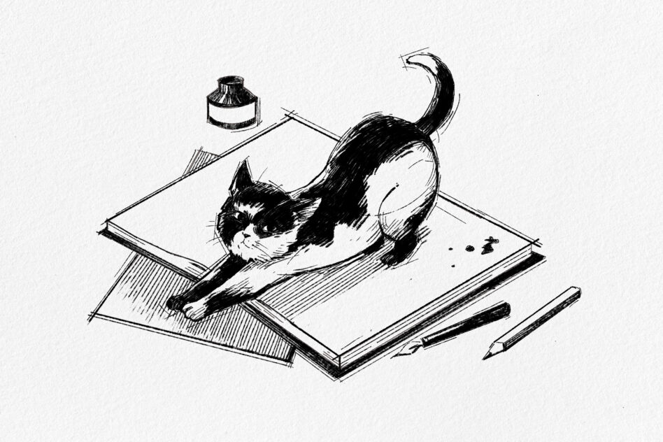 Line drawing of cat stretching over open sketchbook with ink bottles nearby