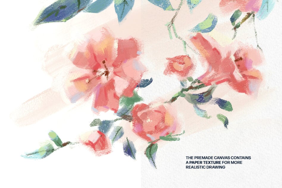 Hand-painted floral mockup with pink blooms and green leaves on textured paper. Ideal for design projects, invitations, or graphic templates.