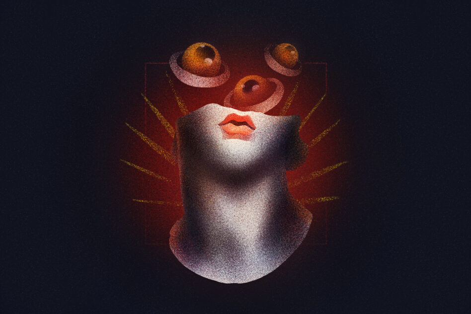 Figure with head covered, orbiting planets above, red halo background glow