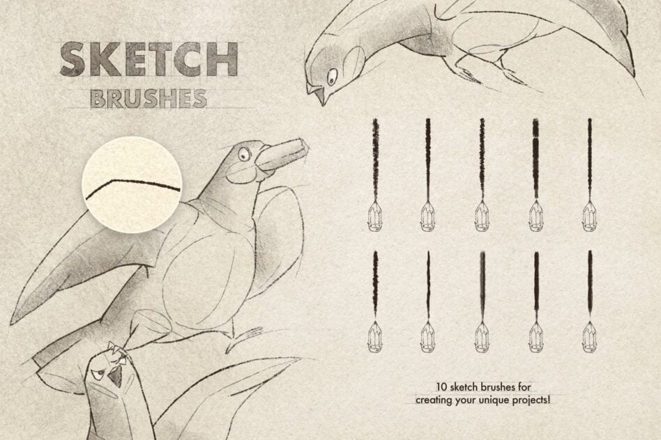 Digital drawing sketch brushes set with bird illustrations for designers. Perfect for creative projects, graphics, and unique artistic templates.