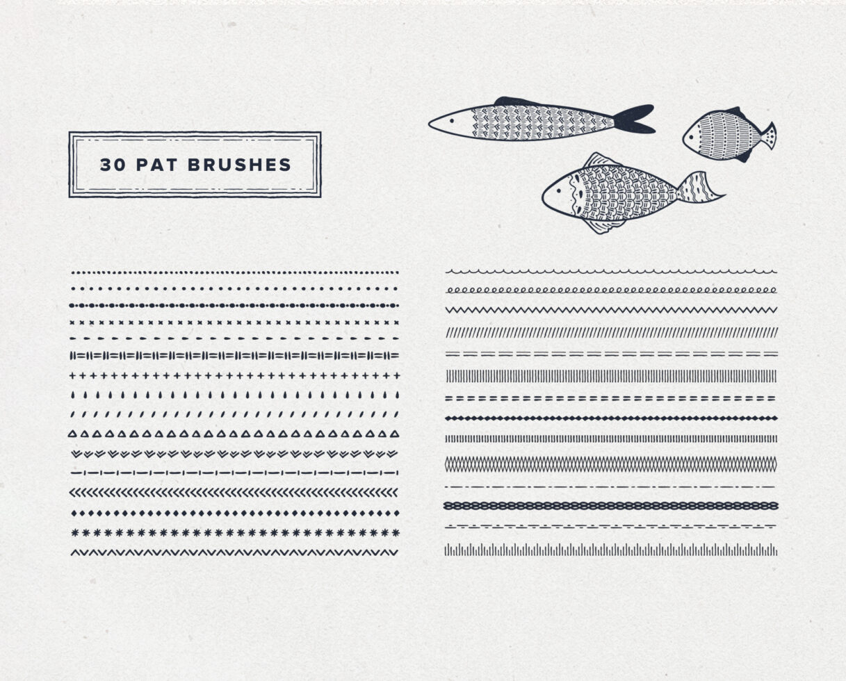 30 pattern brushes set featuring decorative lines and fish illustrations. Perfect for design projects and digital assets. Ideal for graphics and templates.