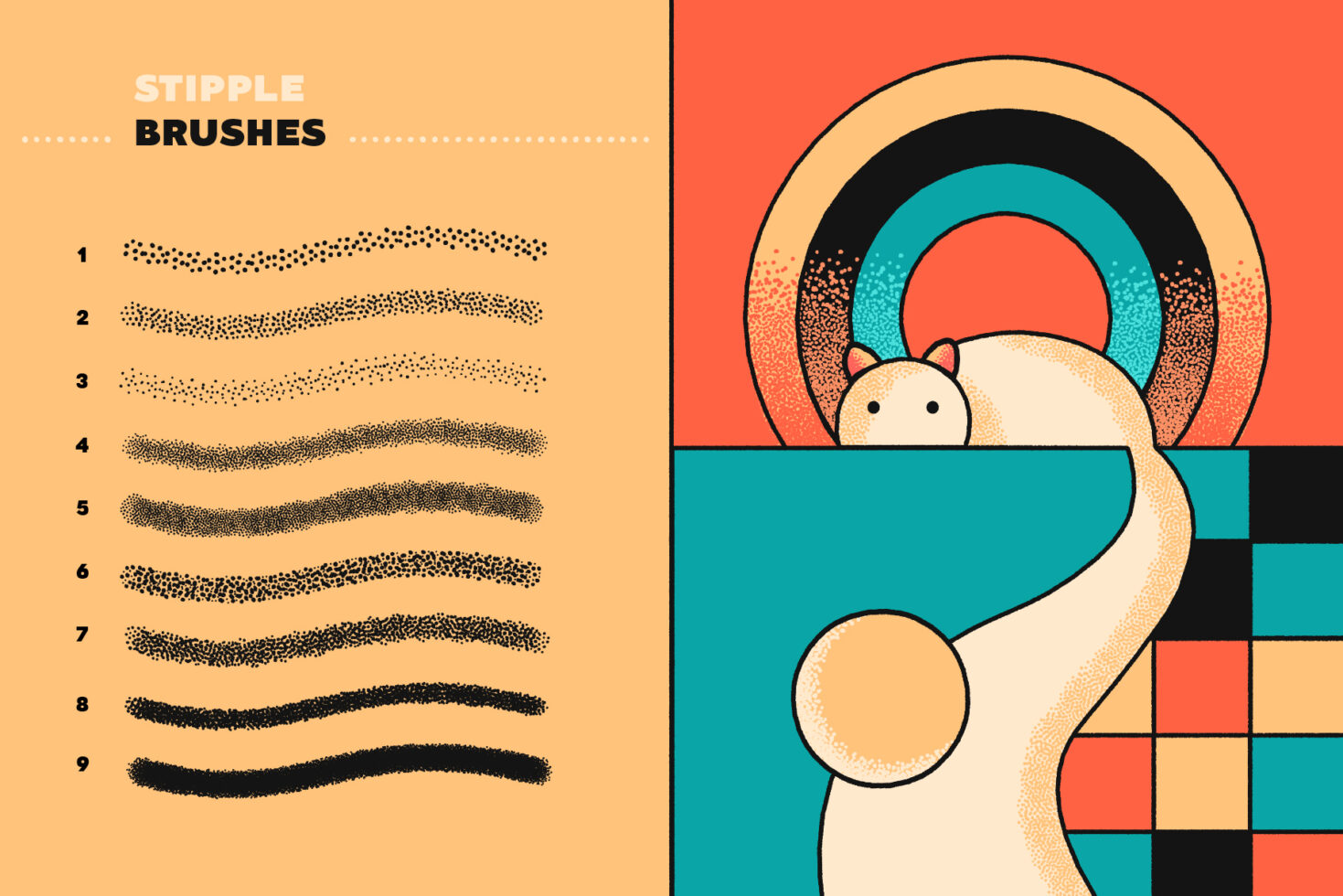 Stipple brushes set with nine unique textures for design. Includes colorful abstract illustration with geometric shapes. Perfect for graphic templates.