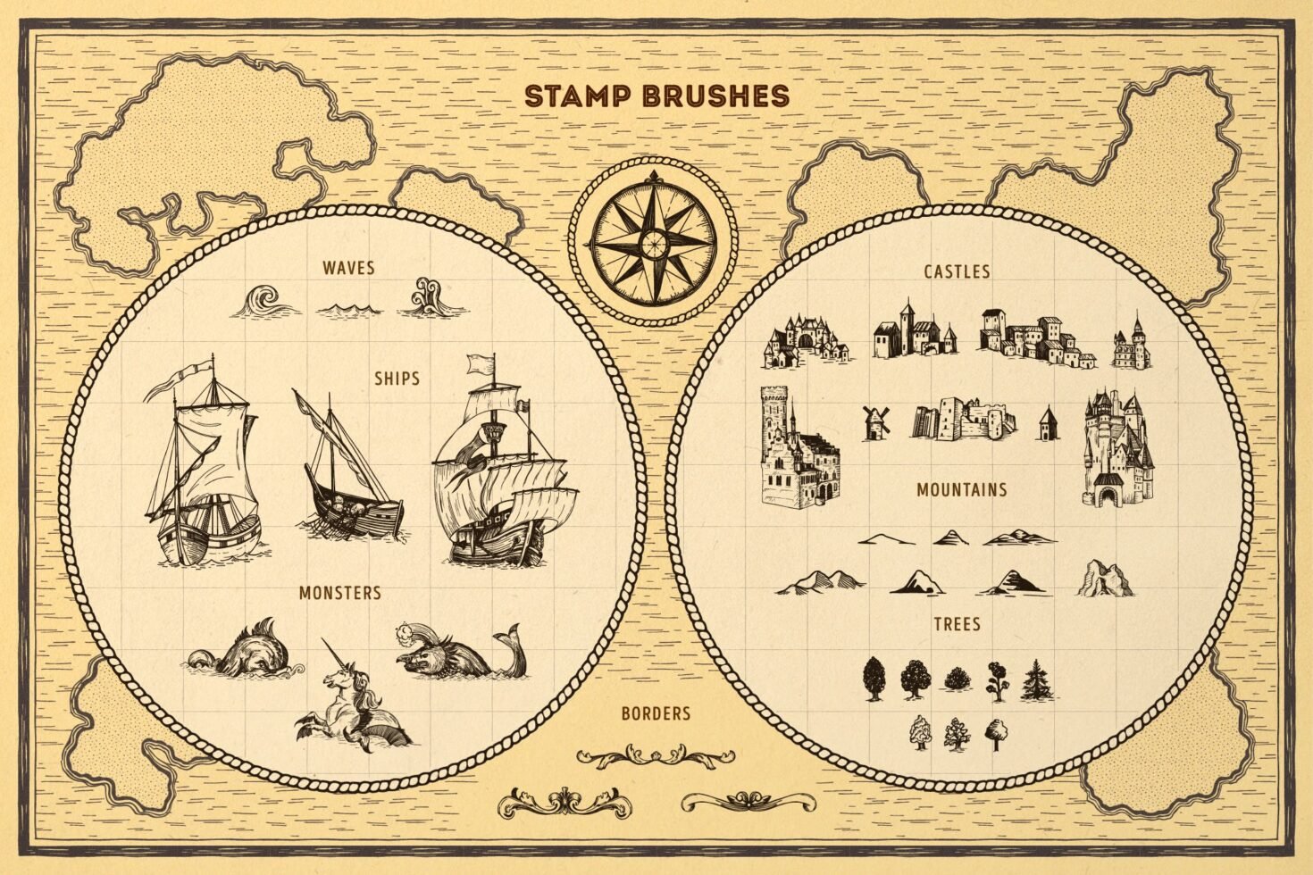 Vintage nautical map with stamp brushes for designers. Includes ships waves castles mountains and trees. Perfect for graphic design projects.