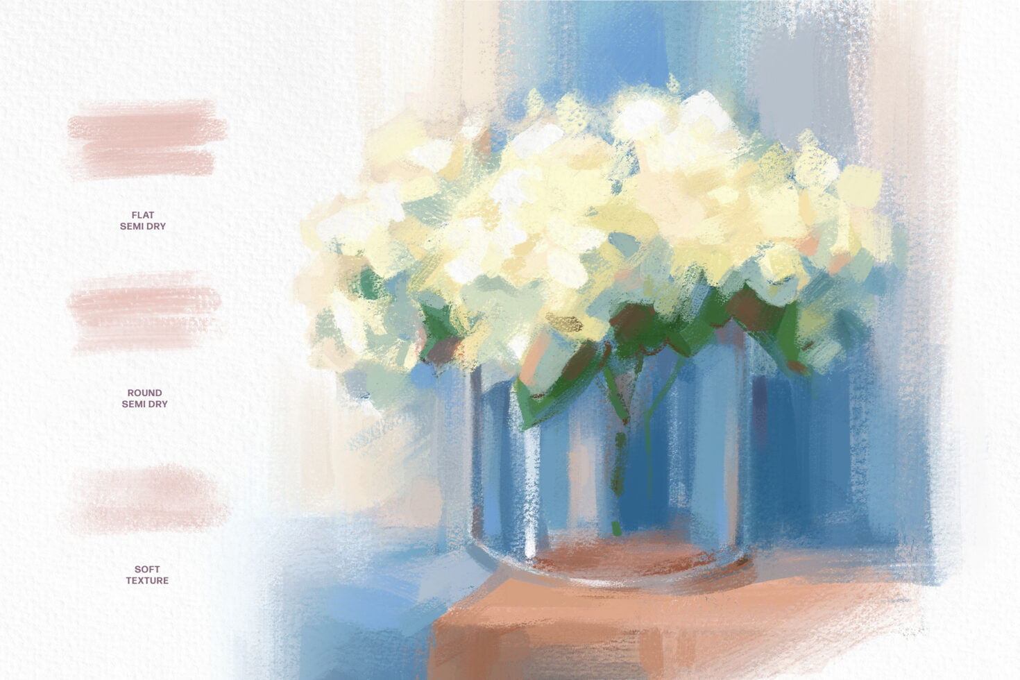 Digital painting featuring a vase of white flowers with pastel brush textures. Ideal for graphic design, art mockups, and creative templates.
