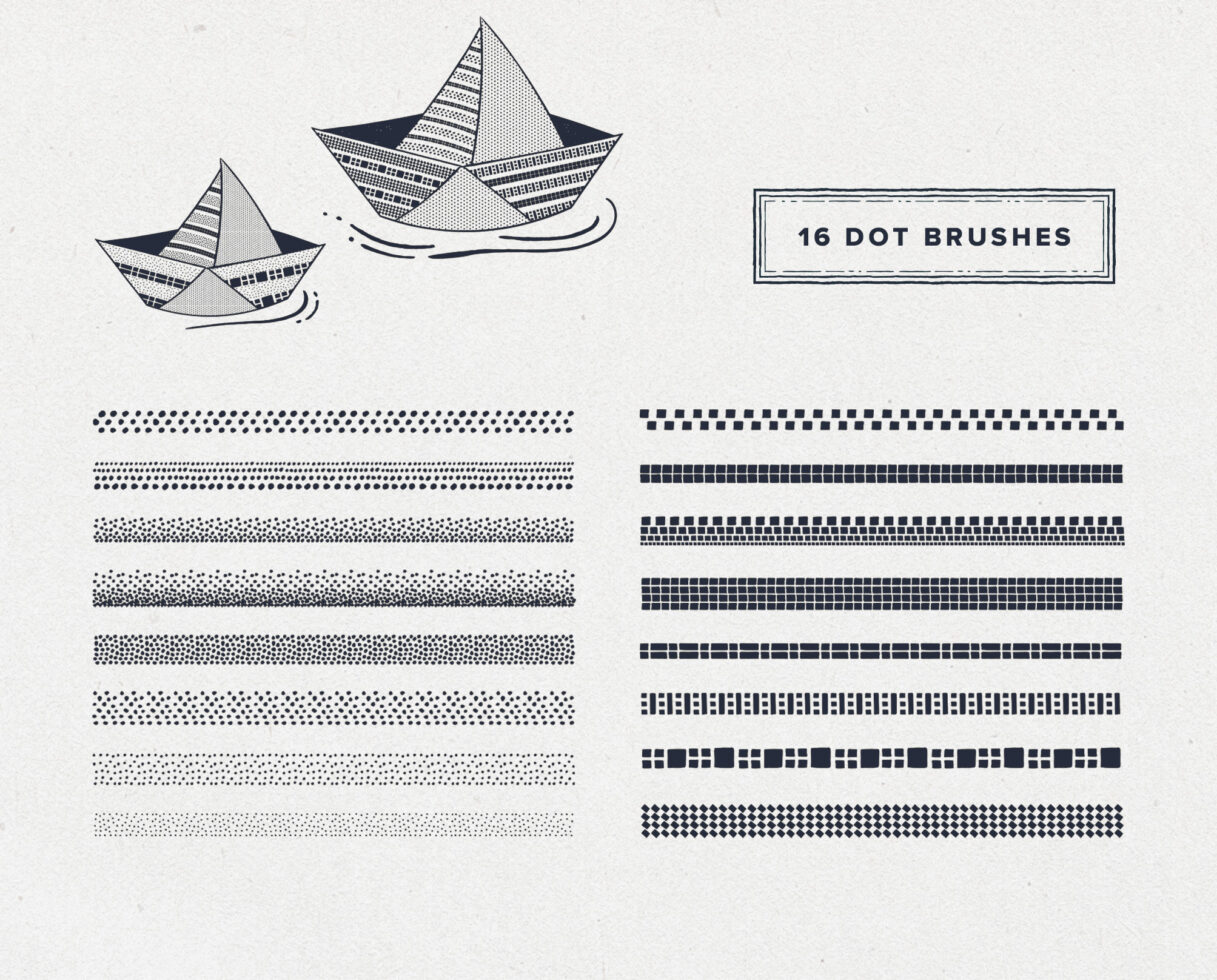 16 dot brushes set featuring paper boats and various dotted line styles. Ideal for graphic designers seeking creative Adobe Illustrator tools and patterns.